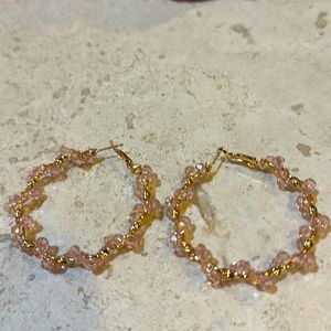 NWOT Gold hoops with pink beads wrapped around.